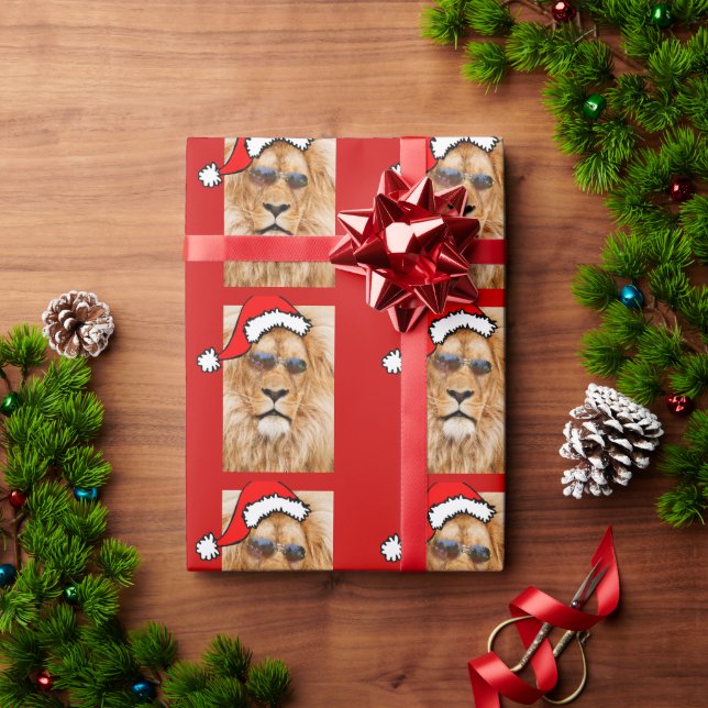 Lion With Santa Hat Wrapping Paper (Holiday Gift)