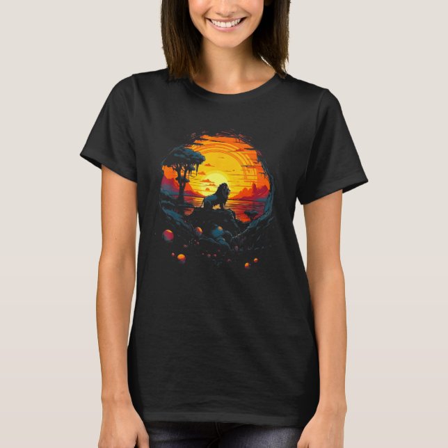 Lion With Sunset Retro Landscape Graphic T-Shirt (Front)