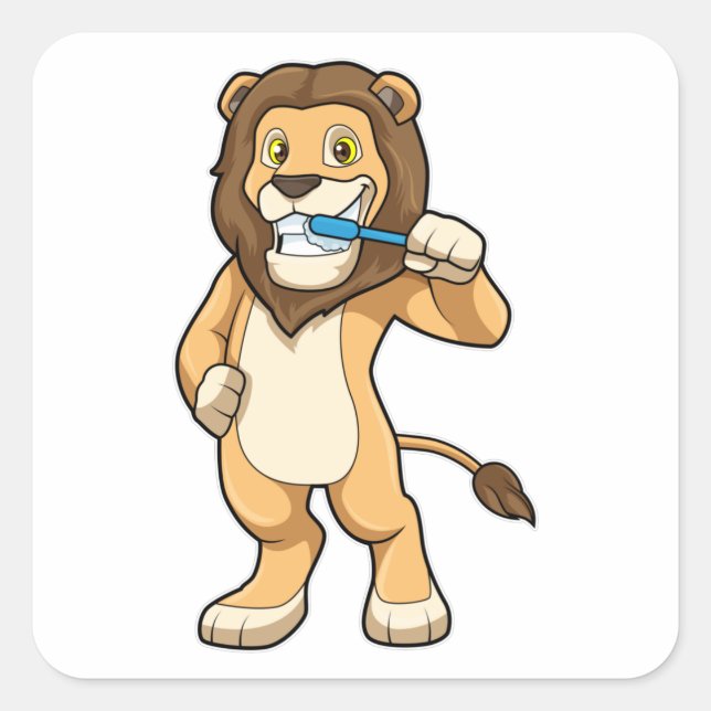 Lion with Toothbrush Square Sticker (Front)