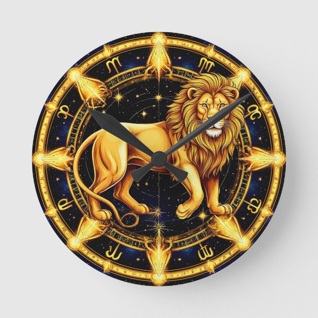 Lion Zodiac Symbol Over Celestial Starry Backgroun Round Clock (Front)