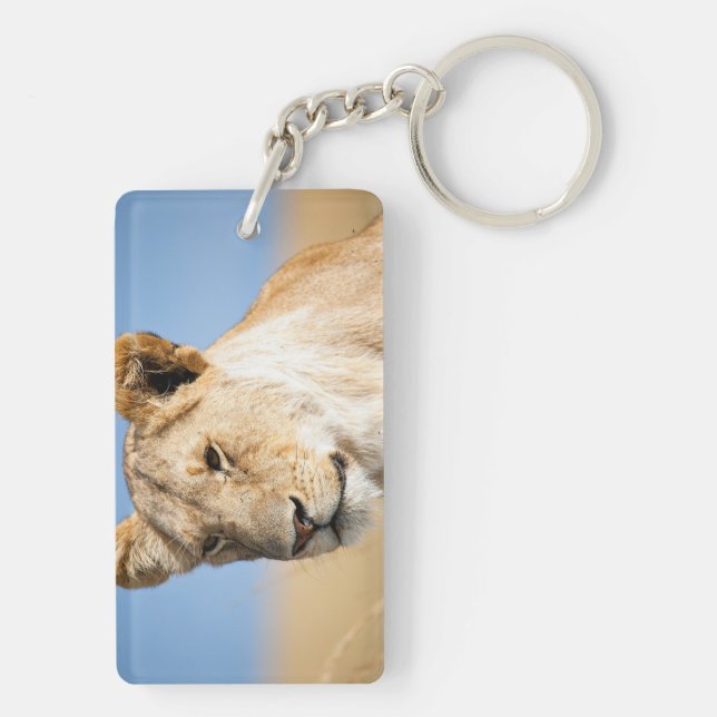 Lioness against blue sky key ring (Back)
