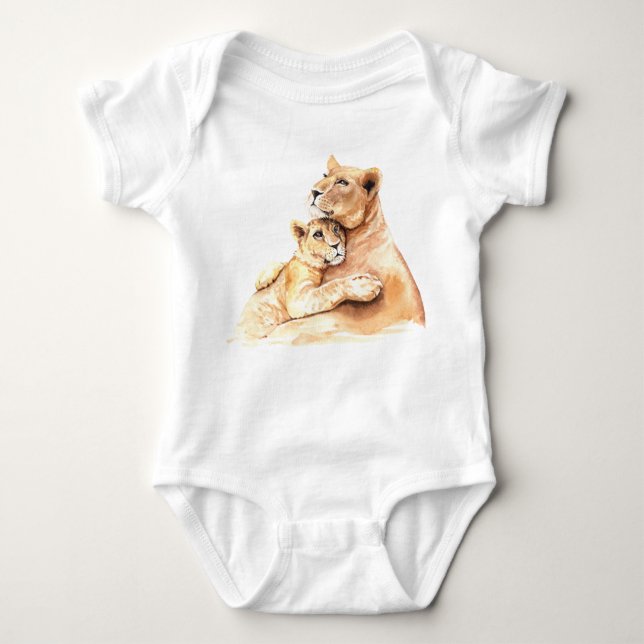 Lioness and cub hugging baby bodysuit (Front)