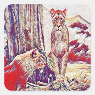 Lioness by the mountains square sticker