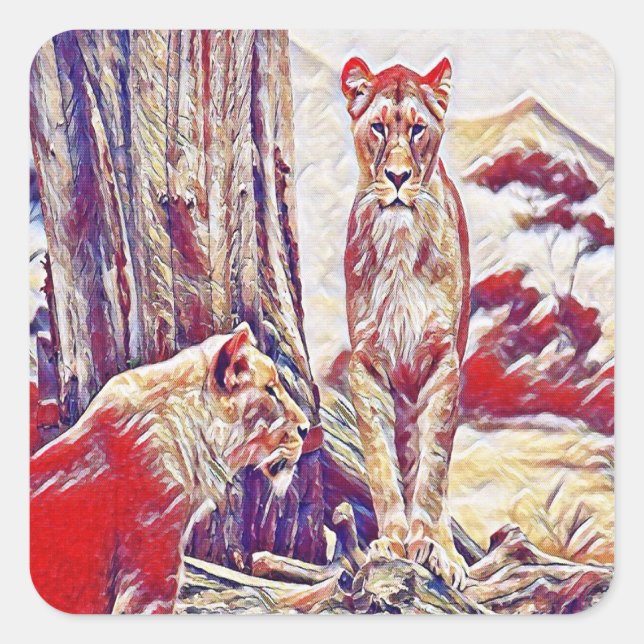 Lioness by the mountains square sticker (Front)