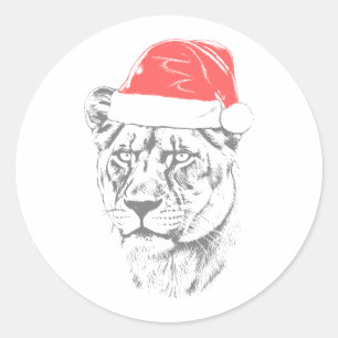 Lioness Christmas Hat Classic Round Sticker
