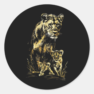 Lioness Cubs Hunting Team Lion Wildlife Sketch Classic Round Sticker