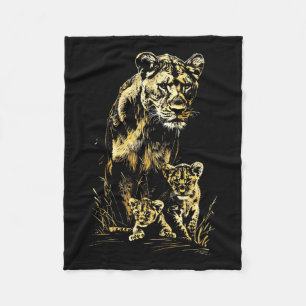 Lioness Cubs Hunting Team Lion Wildlife Sketch Fleece Blanket