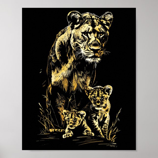 Lioness Cubs Hunting Team Lion Wildlife Sketch  Poster (Front)
