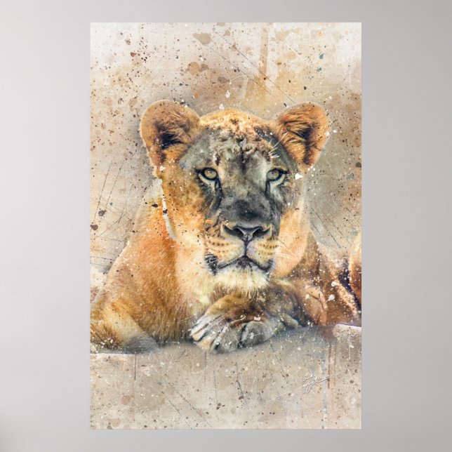 Lioness Face Watercolor Jungle Animal Poster (Front)