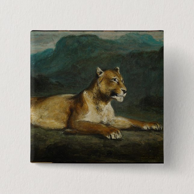 Lioness reclining, c.1855 (oil on panel) 15 cm square badge (Front)