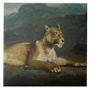 Lioness reclining, c.1855 (oil on panel) ceramic tile