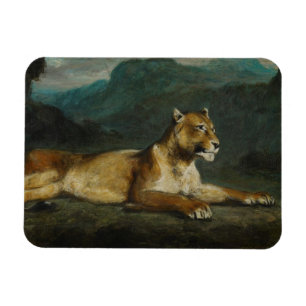 Lioness reclining, c.1855 (oil on panel) magnet