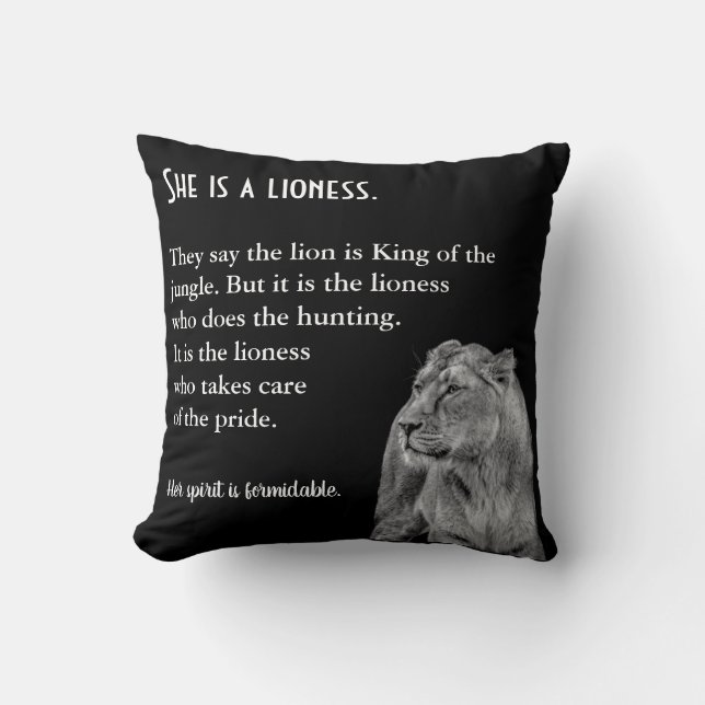 Lioness Themed Inspirational Poetry Throw Pillow (Front)
