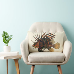 Lionfish Fish, Vintage Marine Ocean Life Animal Lumbar Cushion
