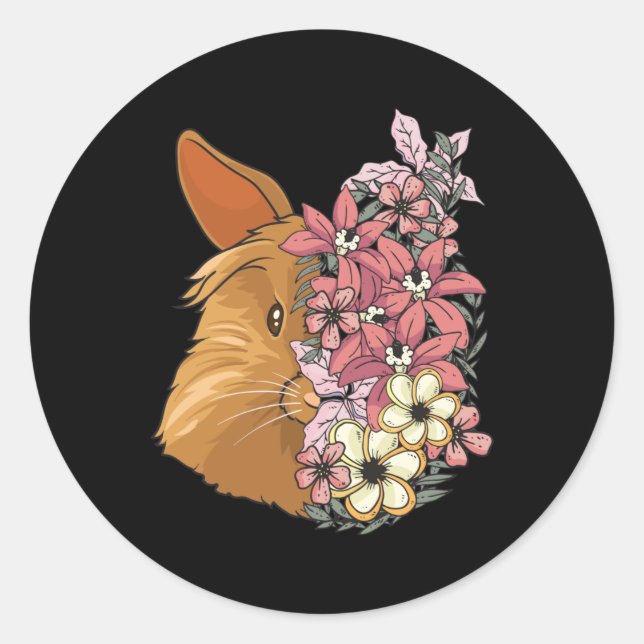 Lionhead Rabbit With Beautiful Flowers Classic Round Sticker (Front)