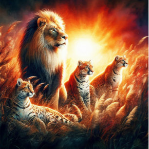 Lions And Tigers In Sunset Wild Grasses Jigsaw Puzzle