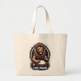 Lion's Drum Parade funny art : Majestic Lion Print Large Tote Bag
