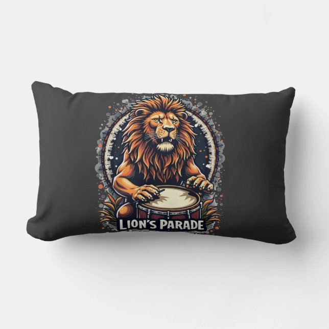 Lion's Drum Parade funny art : Majestic Lion Print Lumbar Cushion (Front)