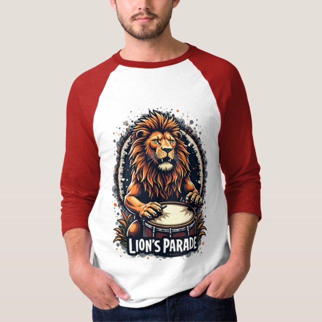 Lion's Drum Parade funny art : Majestic Lion Print T-Shirt (Front)