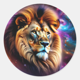 Lion's Head Among Colourful Swirling Galaxies Classic Round Sticker