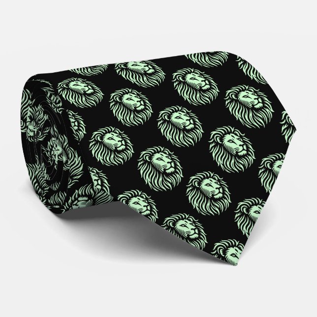 Lion's Head Pattern - Ghost Green on Black Tie (Rolled)