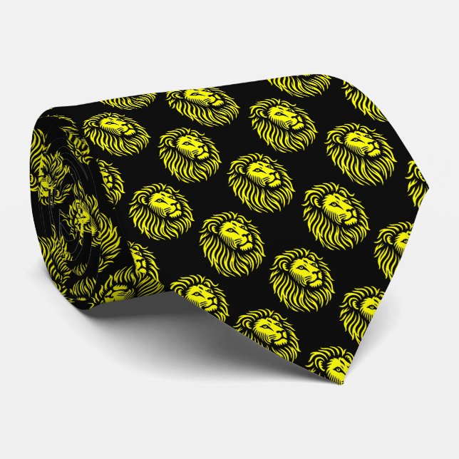 Lion's Head Pattern - Yellow on Black Tie (Rolled)