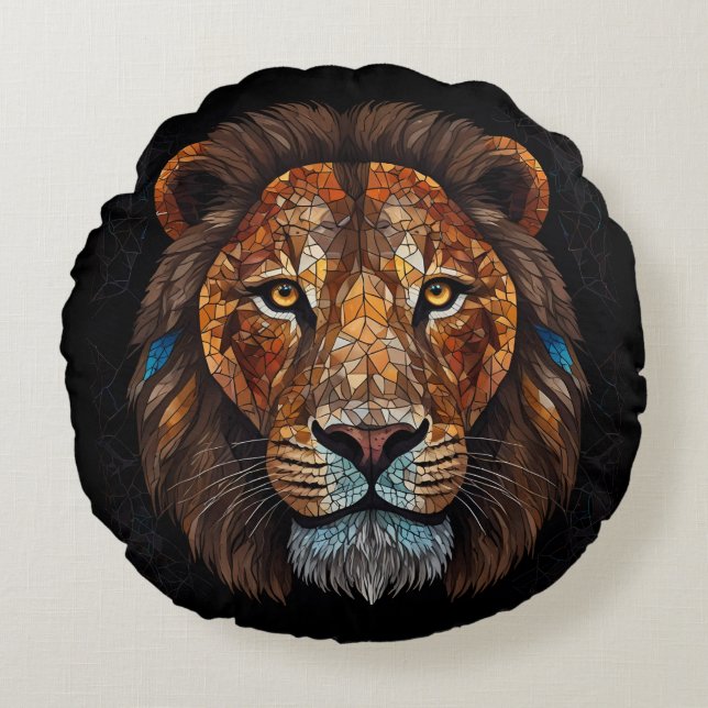 Lions head with mosaic stained glass effect round cushion (Front)