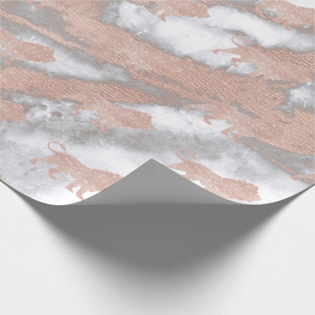 Lions Pink Rose Rose Gold Metallic Marble Grey Wrapping Paper (Corner)