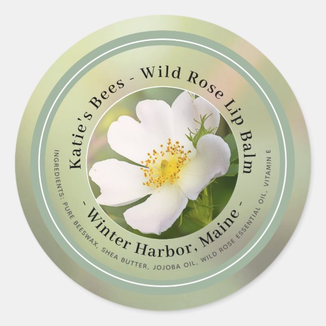Lip Balm Label with Wild Rose on Sage Background (Front)
