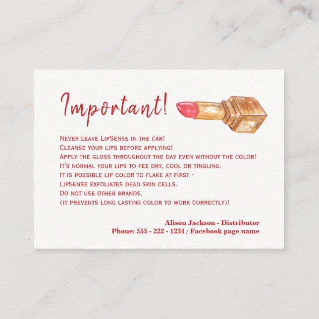 Lip colour distributor application instructions business card (Back)