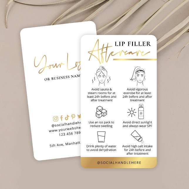 Lip Filler After Care Guide White & Gold Logo Business Card (Creator Uploaded)
