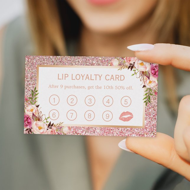 Lip Loyalty Card | Pink Floral Rose Gold Glitters (Creator Uploaded)