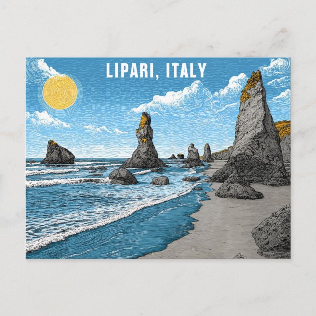Lipari Italy Beach Ocean Rocks Watercolor Travel Postcard (Front)