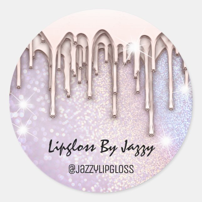 Lipgloss Makeup Drips Packaging Rose GlitterPurple Classic Round Sticker (Front)