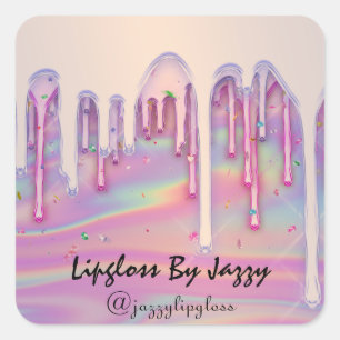 Lipgloss Makeup Pink Rose Drips Holograph Square Sticker