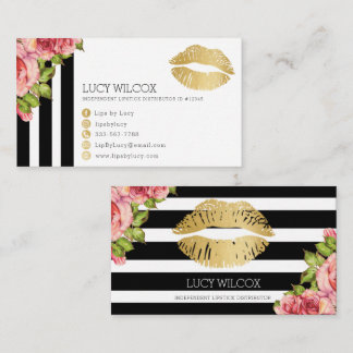 Lips Business Cards, Floral Black & White Stripes Business Card