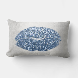 Lips Glitter Grey Pastel Blue Makeup Kiss Silver Lumbar Cushion