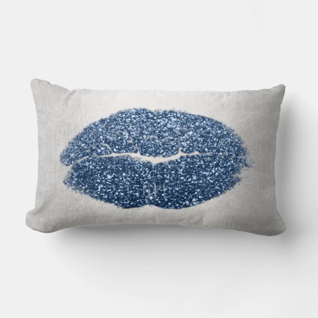 Lips Glitter Grey Pastel Denim Makeup Kiss Silver Lumbar Cushion (Front)