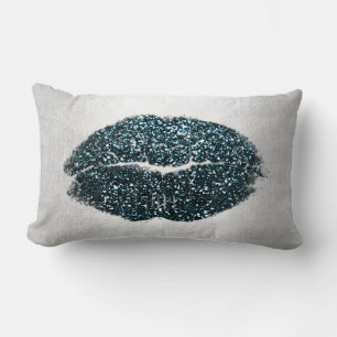 Lips Glitter Grey Teal Black Makeup Kiss Sky Lumbar Cushion