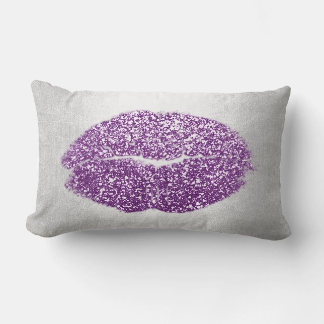 Lips Glitter Grey Violet Purple Makeup Kiss Sky Lumbar Cushion (Front)