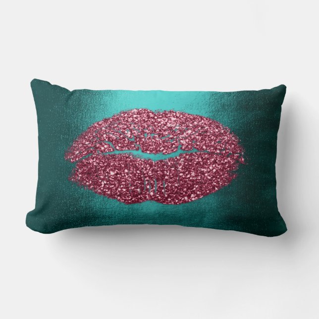 Lips Glitter Maroon Teal Burgundy  Makeup Kiss Lumbar Cushion (Front)