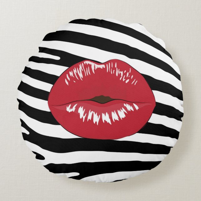 Lips kiss fashion beauty makeup glamour zebra round cushion (Front)