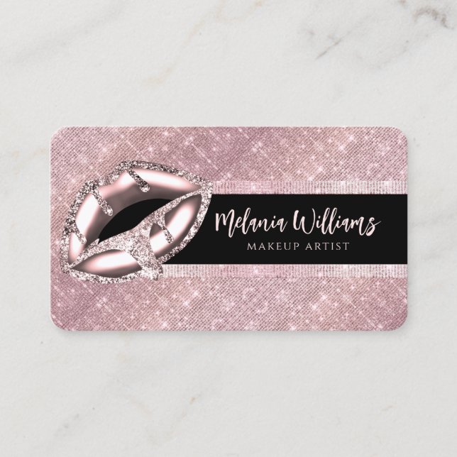Lips Makeup Artist Trendy Black Rose Gold Glitter  Business Card (Front)