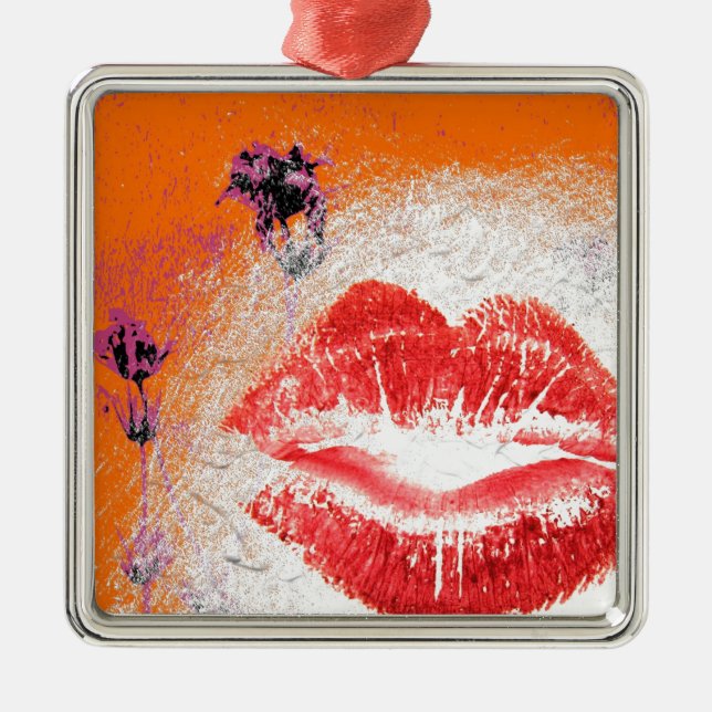 Lips on Orange Background Metal Ornament (Front)