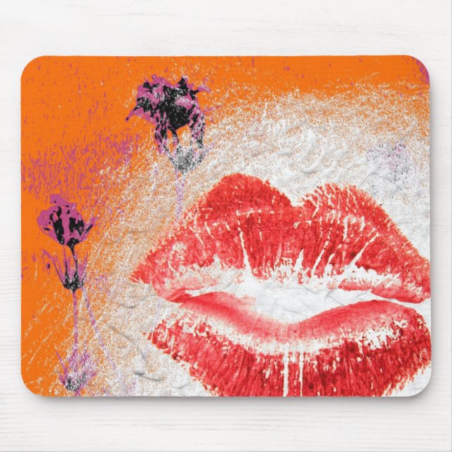 Lips on Orange Background Purple Flowers Mouse Pad (Front)