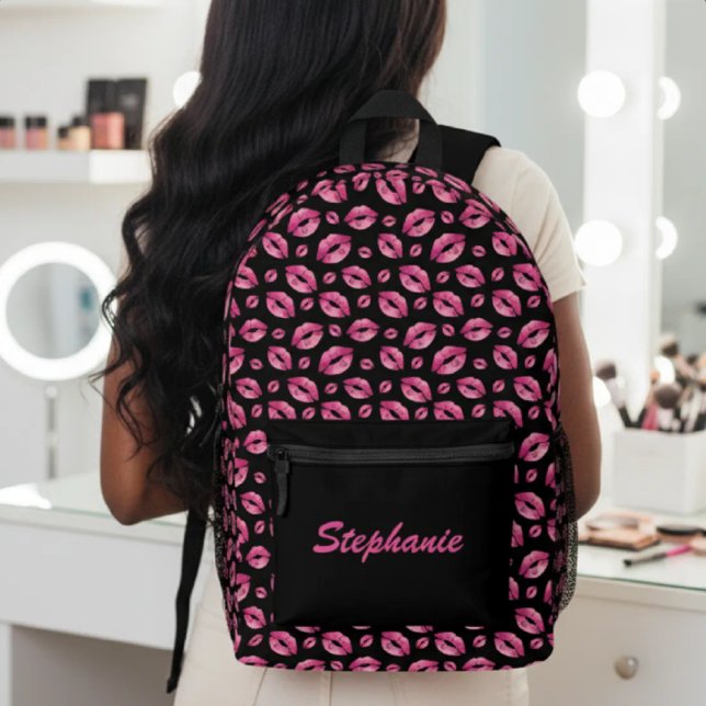Lips Pattern Cute Pink & Black Printed Backpack (Creator Uploaded)