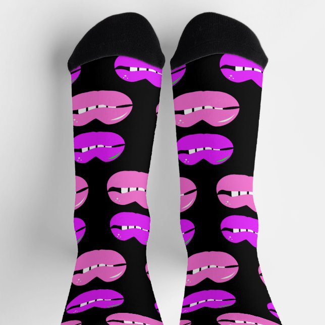 Lips Purple Pink Bright Black Socks (Top)