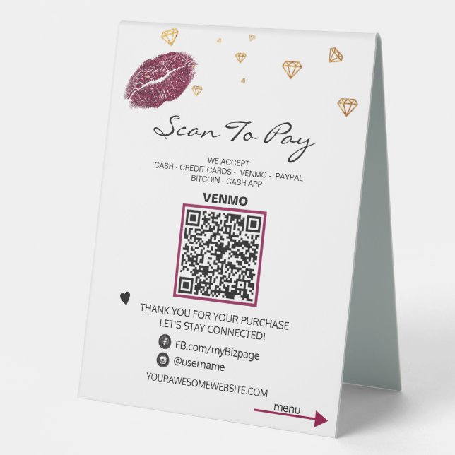 *~* LIPS Table Tent PAY + MENU QR code Tabletop (Front)
