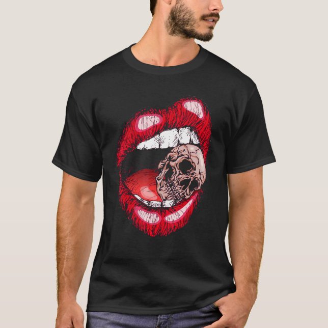 Lips Teeth Biting Skull T-Shirt (Front)