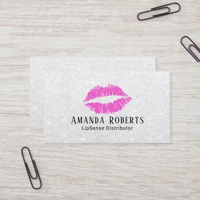 Lipsense Distributor Pink Lips Silver Glitter Business Card (Front/Back In Situ)